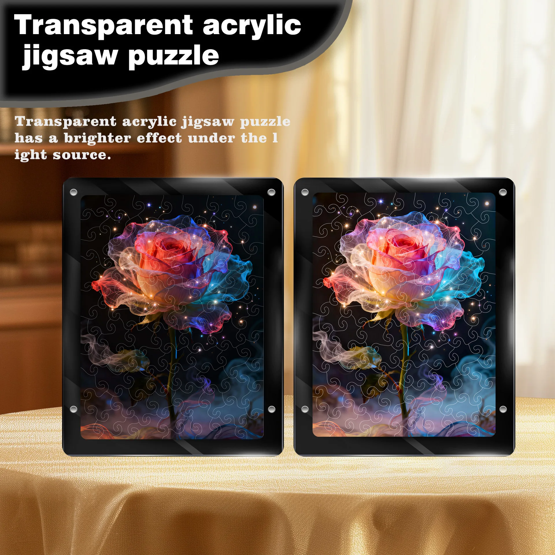 Colorful Starry Sky Rose Acrylic Puzzle -3D Light-Up Decorative Painting Handmade Ornament High-End Tabletop Decoration for Home