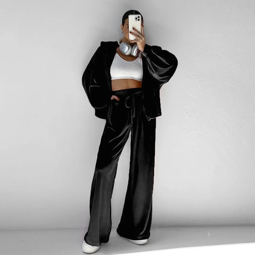 

Женский Костюм Dresy Dwuczęściowe Damskie осенне-зимняя однотонная куртка на молнии с капюшоном + широкие брюки на шнурке