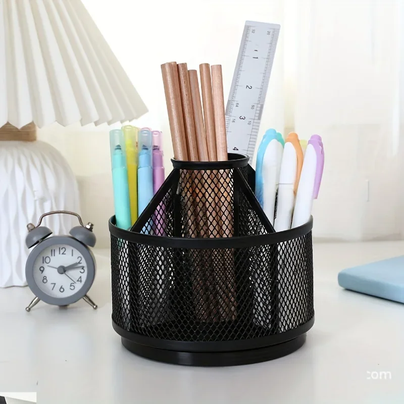 Black Metal Mesh Desk Organizer, Rotating Pencil Cup Holder, Office Supplies Caddy With Swivel Base, Desktop  Brush Rack For Off