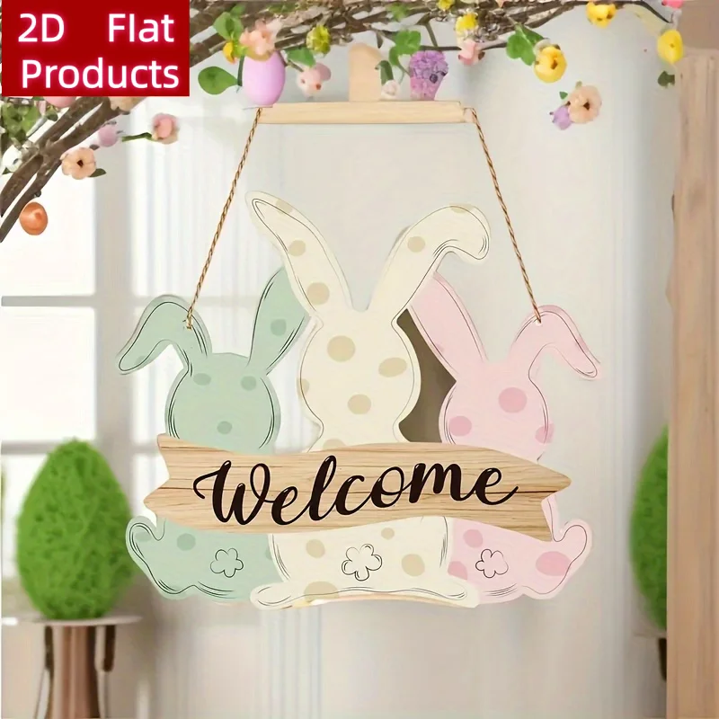 2D Flat, 1pc Bohemian Easter Bunny Welcome Sign - Rustic Artificial Door Hanging Decoration with Polka Dots & Cutout Suitable fo