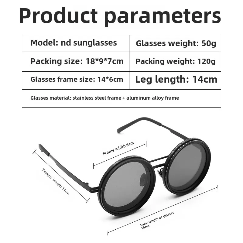 1-9 Gears Adjustable Sunglasses Rounded Polarized Fishing Glasses ND Filter Lenses Handcrafted Retro Glasses Unisex