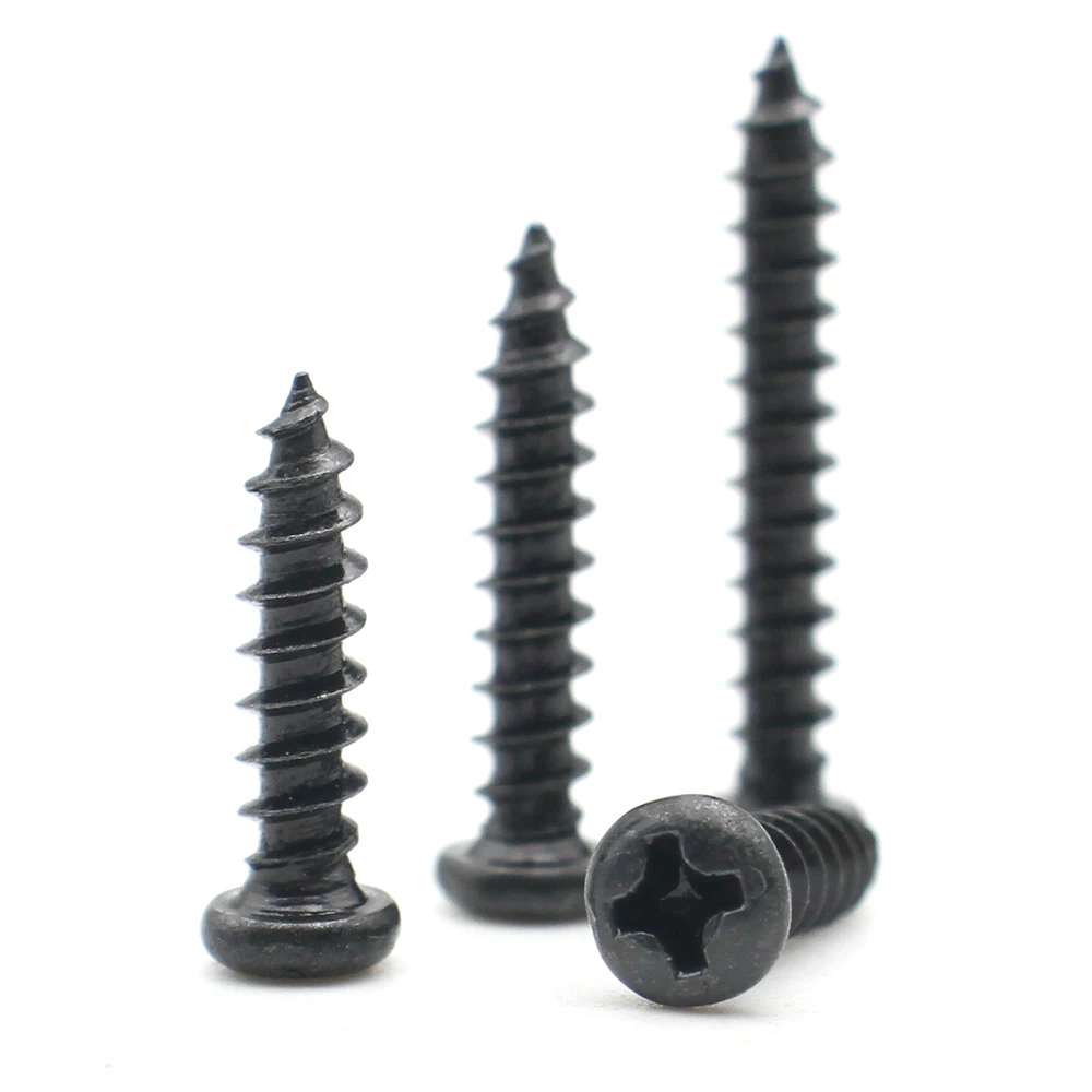 100pcs M1 M1.2 M1.4 M1.5 M1.7 M2 M2.3 M2.6 M3 M3.5 M4 Cross Pan Round Head Phillips Self-tapping Screws Black Carbon Steel Screw