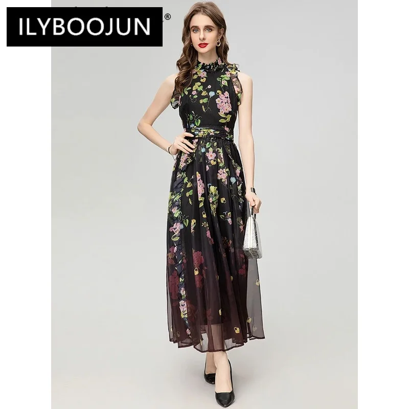 

ILYBOOJUN Fashion Designer Spring Tank Long Dress Women Stand Collar Sleeveless Folds Ruffles Flower Print Elegant Party Dress