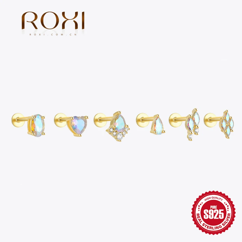 ROXI 925 Srebrne kolczyki dla kobiet Dziewczyna 1Piece Klasyczna wkładka z pazurem Moonlight kamień piercing Kolczyk sztyft Biżuteria w kolorze złotym Prezent