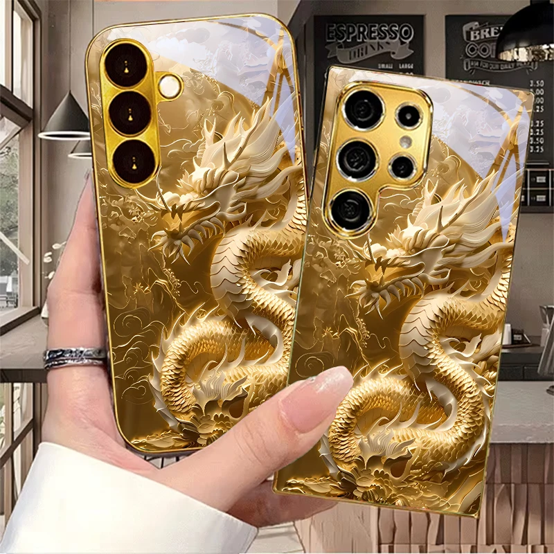 The Eastern Dragon Electroplated Golden Phone Case For Samsung S22 Ultra S21 S20 FE S23 Plus S24 S25 S26 Note 10 20 Glass Cover