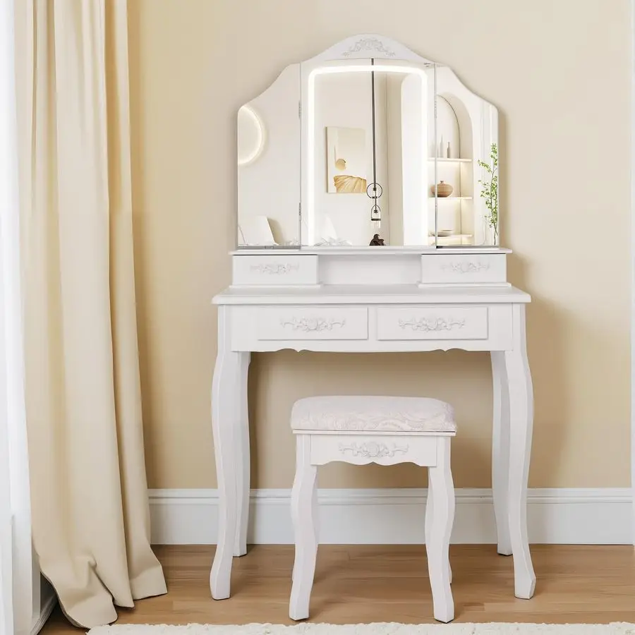 

Makeup Vanity Desk with TriFold LED Mirror, Charging Station 2 AC 2 USB, 4 Drawers Open Shelf, Small Vanity Table with Stool for