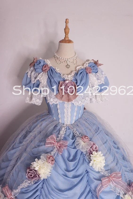 Romantic Rose Lolita rococo Victorian Prom Dresses with Sleeve 3D Floral Puffy Skirt Ruched V-neck Bustle costume evening gown