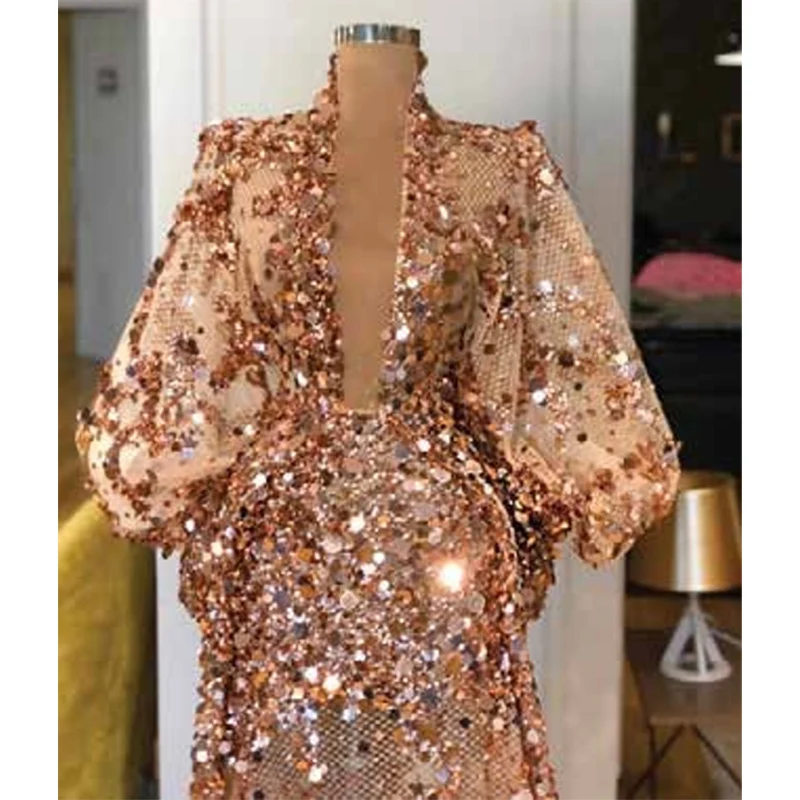 Luxury Golden Formal Prom Dress Long Puff Sleeves Sparkly Sequins Illusion Tulle Evening Party Gown Custom Made Robes De Soirée