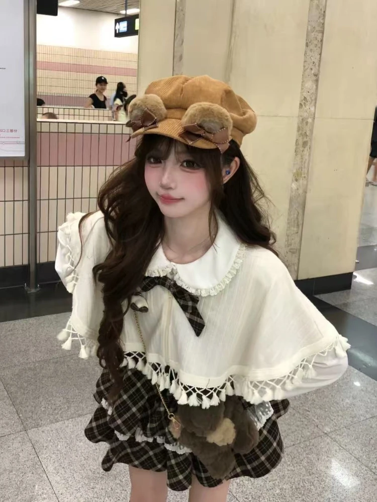 Autumn Sweet Japanese Lovely 2 Piece Set Women Bow Cloak Coat Plaid Stitching Fluffy Dress Harajuku Fashion Fairy Outfits 2025