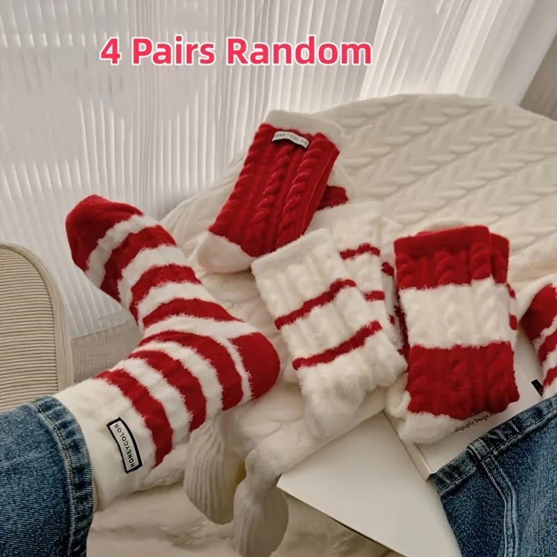 4 Pairs Random Red & White Striped Socks, Women's Cozy Winter Mid-Calf Socks