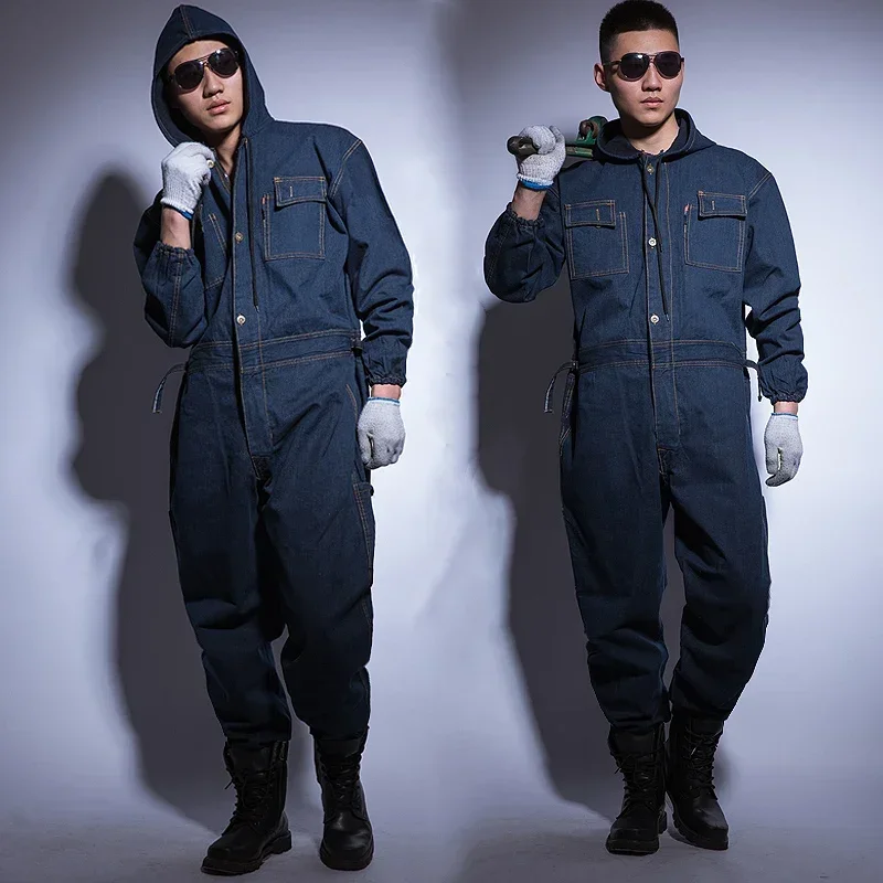 Jumpsuit for Men Women Denim Cotton Overalls Hooded Welding Suit Coverall Electrician Auto Repair Spray Paint Mechanic Uniform