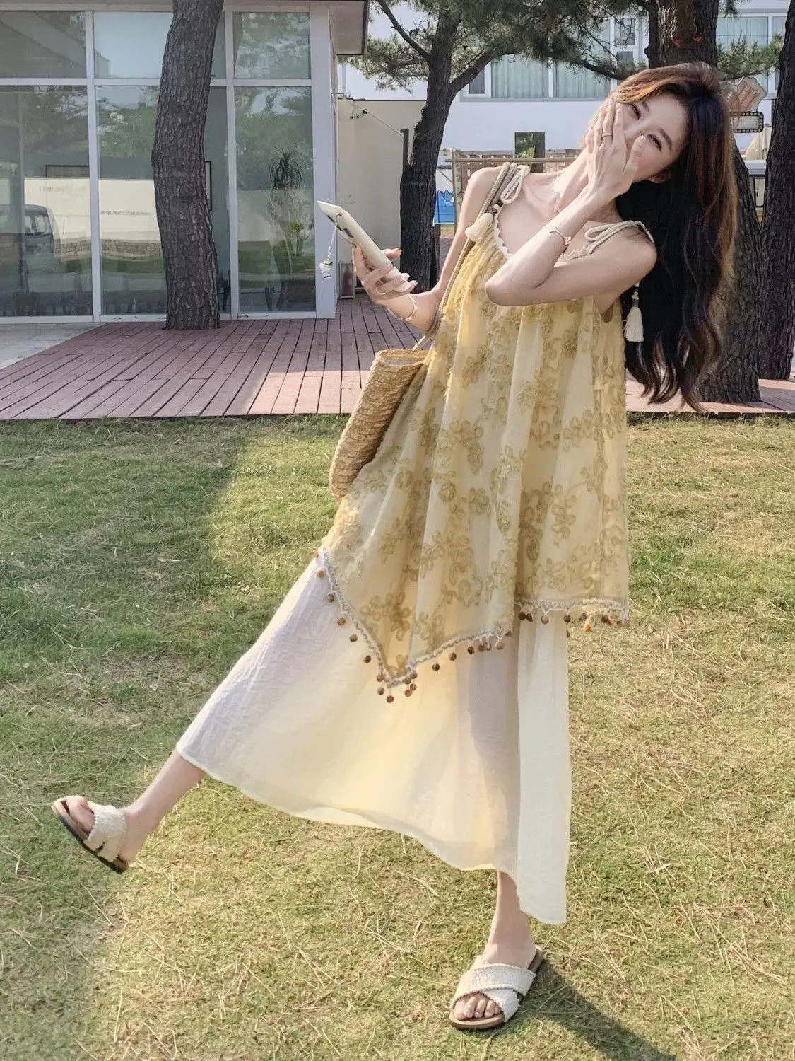 Duas peças emendadas temperamento suspender saia suspender vestido borla verão novo estilo beira-mar floral férias doce