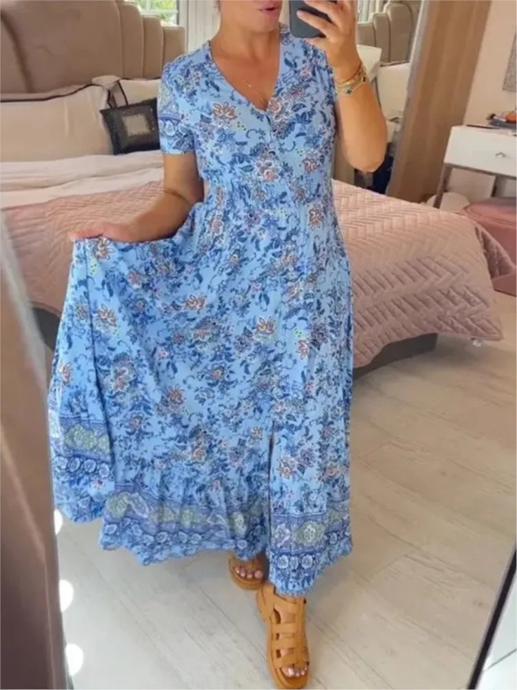 

Women's Floral Printed V-neck Dresses Casual Summer Floral Dress Short Sleeve Flowy Maxi Beach Dress Bohemian Vacation Vestidos
