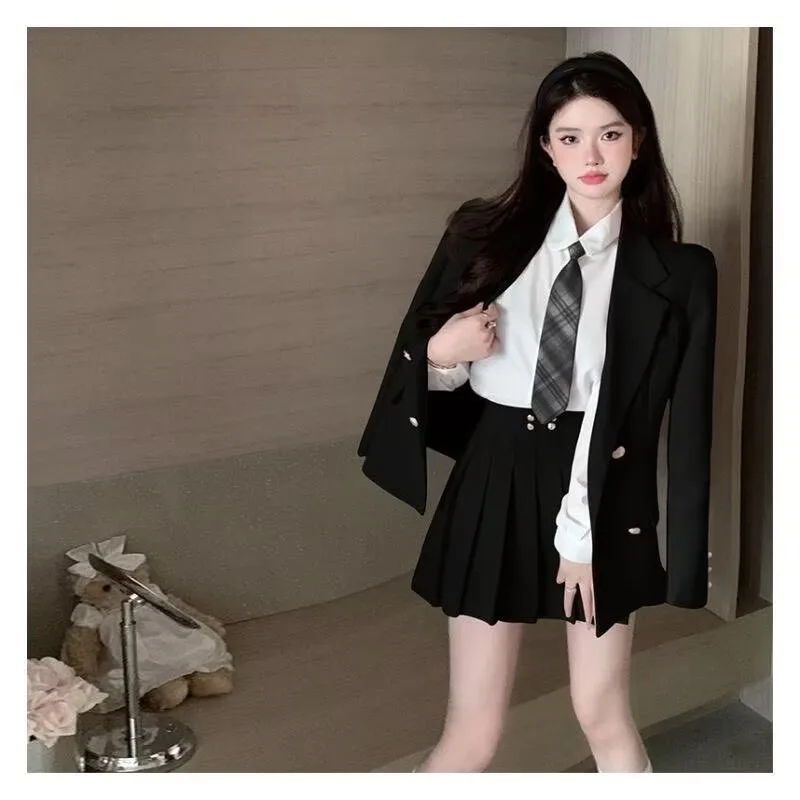 Japanese JK Pleated Skirt Set Pure Desire Fashion Sweet Age Reducing Preppy Style Autumn New Loose Suit+Shirt+Skirt 3 Piece Set