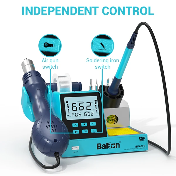 

Bakon BK602S Soldering Station 2 in 1 Hot Air Gun Station with Anti-static,heats Up Quickly,Automatic Cooling Estación De Calor