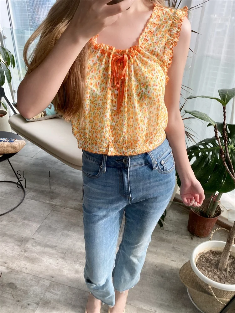 

Sweet Sle Yellow Floral Embellied Svel Women's Vest Top with Bow Tie ort Length Cotton Summer Faion