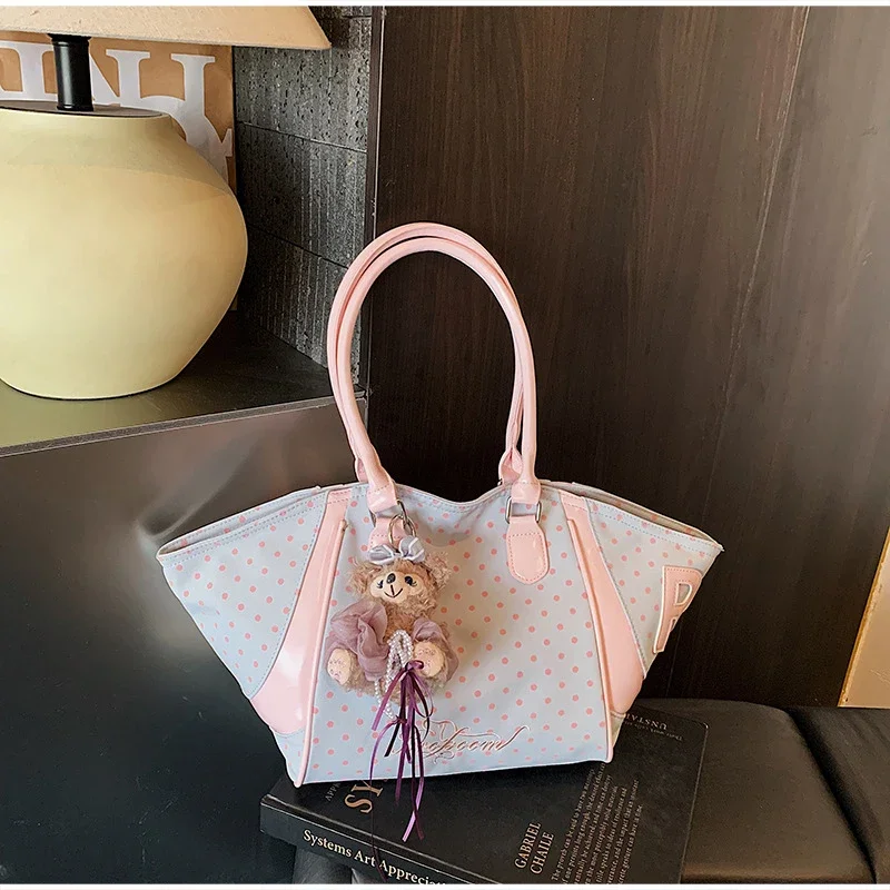 Wing Style Polka Dot Hobo Tote Bag mit Taschenanhänger, koreanische Umhängetasche mit großem Fassungsvermögen für Damen, süße Handtasche für den Arbeitsweg – Detail 12