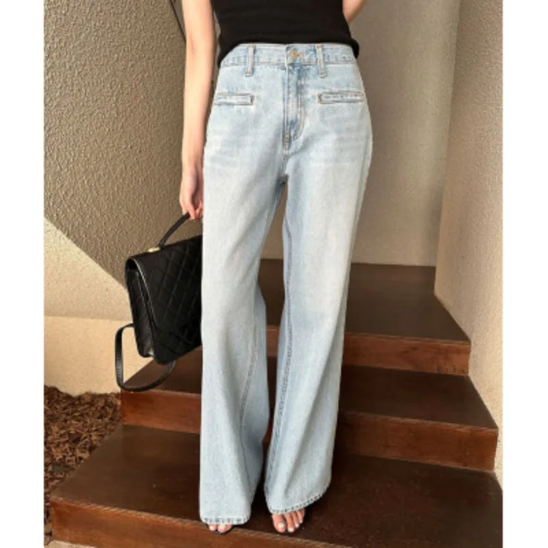 High Street Light Blue Wide Leg Jeans Women Korean Fashion Streetwear Chic Denim Pants Chic Boyfriend Jean Female