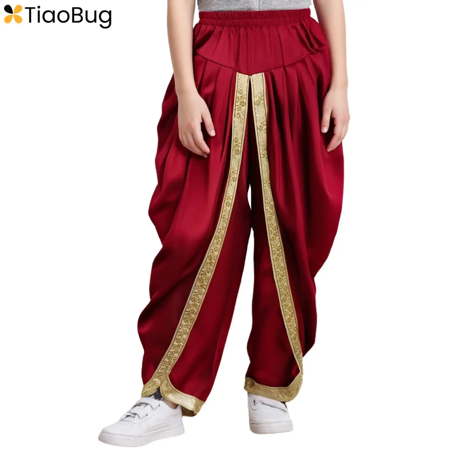 

Boys Girls Satin Dhoti Pants Indian Dance Casual Elastic Waist Draped Baggy Trousers for Halloween Party Fancy Dress Ball