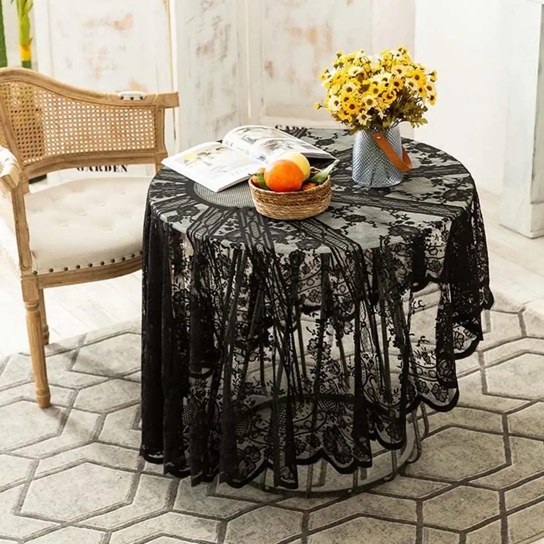 

Vintage Black Lace Tablecloth, Floral Embroidered Boho Shabby Chic Small Table Cover for Wedding Halloween Party Dinning Holiday