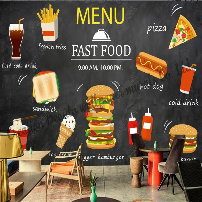 

European Style Blackboard Burger Fast Food Wallpaper Industrial Decor Mural Restaurant Snack Bar Background Wall Papel De Parede