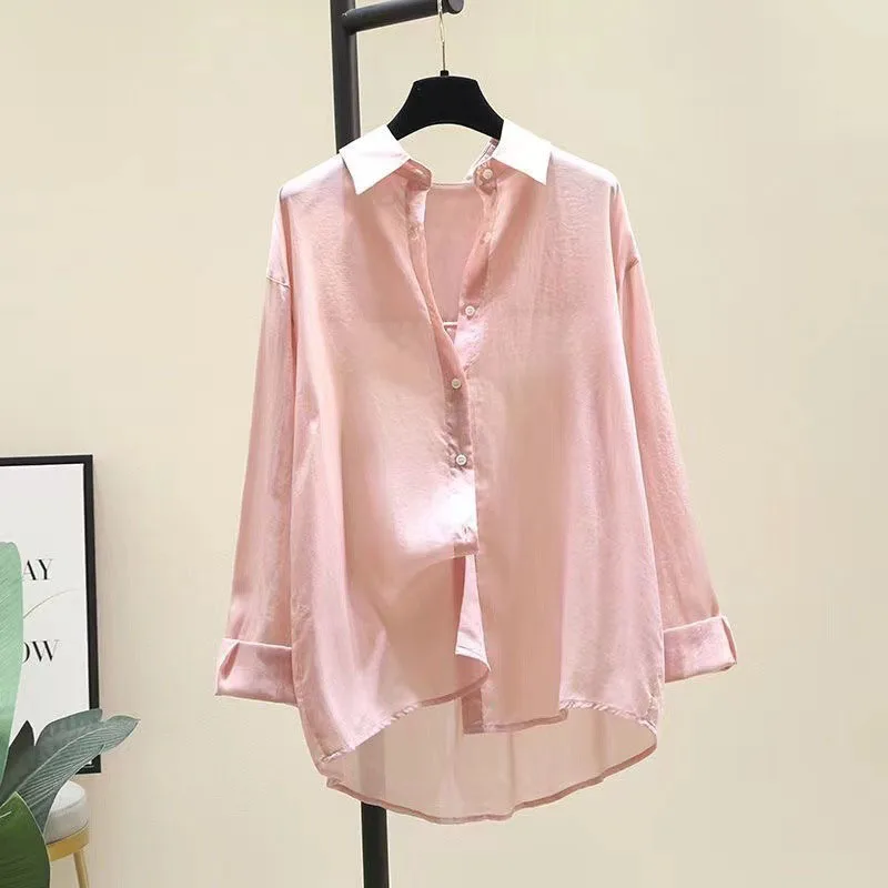 2025 Camicia estiva per protezione solare Donna Casual Prospettiva allentata Camicetta in chiffon sottile Donna Camicie streetwear fresche e solide stile coreano