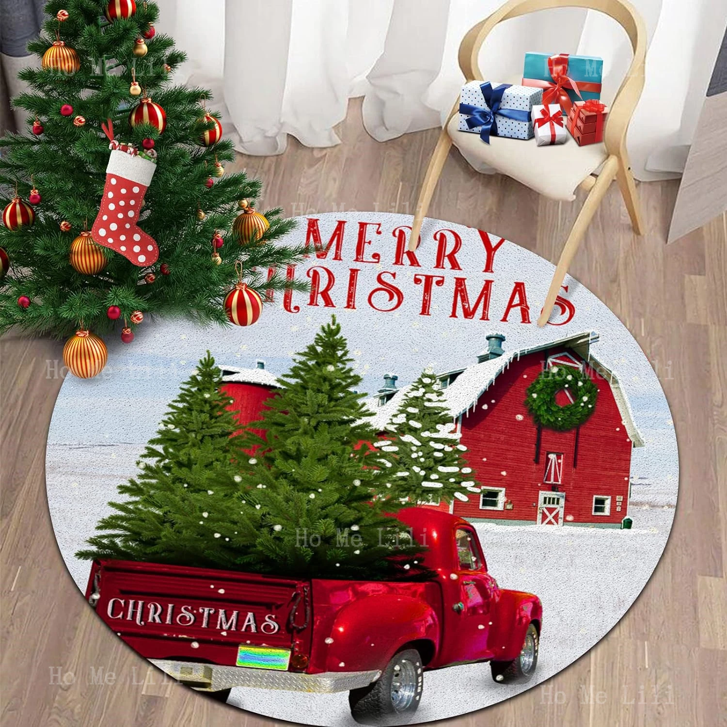 Farm Rustic Vintage Retro Old Christmas Red Truck Fun Xmas Tree Round Area Rugs Floor Carpet