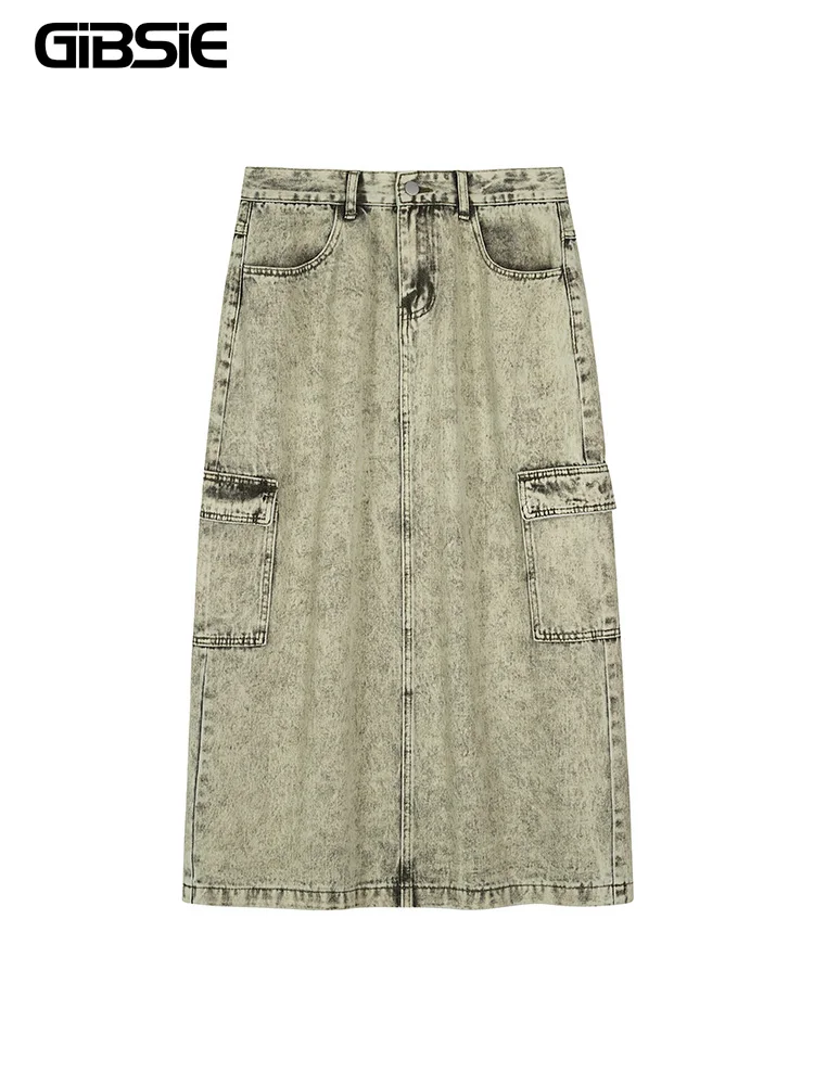 

GIBSIE Plus Size Autumn and winter retro do old denim skirt women Streetwear multi-pocket high waist cargo long skirts 2024 new