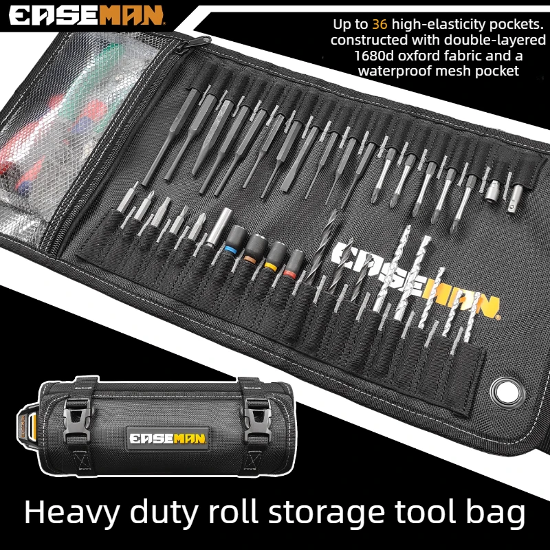 1680D Oxford Quick Hanging Roll Tool Kit 36 Slots Batch Head Drill Bit Storage Tool Bag Parts Heavy Duty Wall Mounting Tools Bag