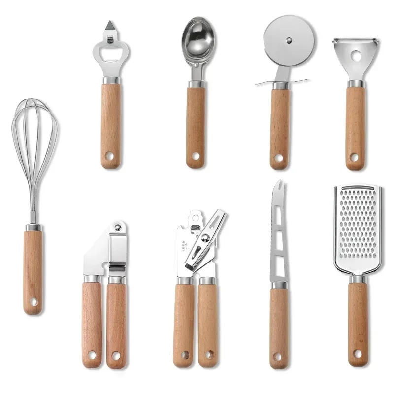 Wooden Handle Kitchen Gadgets Small Kitchen Utensils Set Baking Set Pizza Cheese Knife Stainless Steel Egg Beater