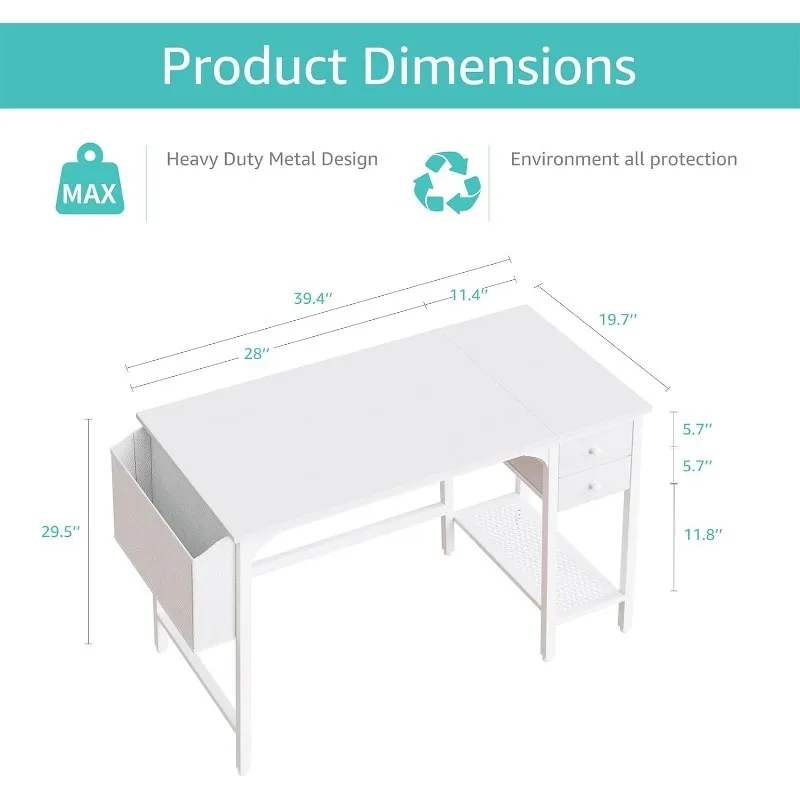 White Small Desks with Drawers - 40 Inch Computer Desk for Home Office, Modern Simple Study Writing Table