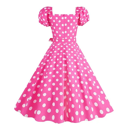 Imagen 2 del producto Vestido retro con estampado a cuadros para mujer, manga corta abombada, vestidos de fiesta por debajo de la rodilla elegantes de lunares de verano de los años 50