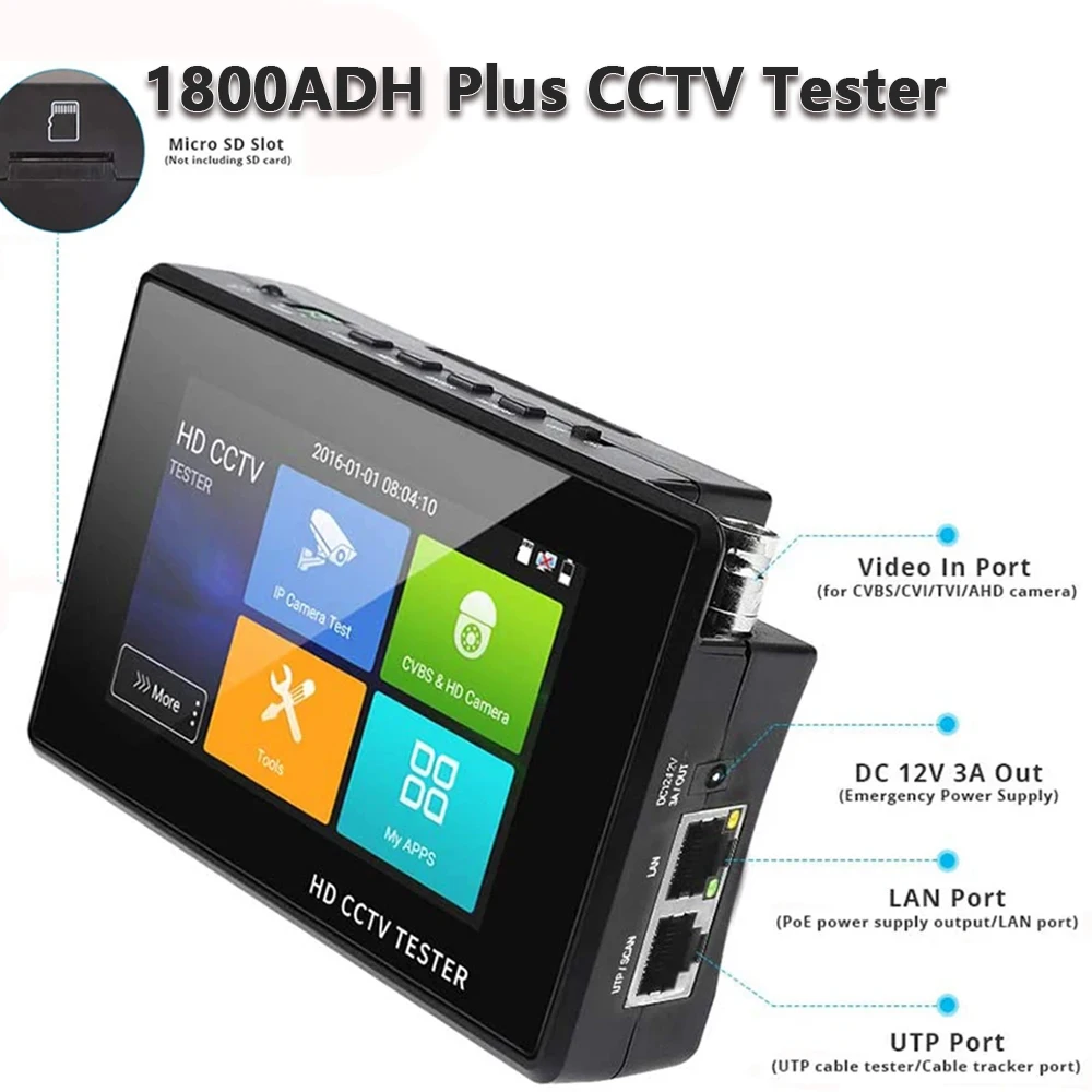 Awapow 1800ADH Plus CCTV Tester With Wire Tracker 4 Inch Wrist IP Camera Tester 4K H.265 IP CVBS CVI TVI AHD Analog Tester