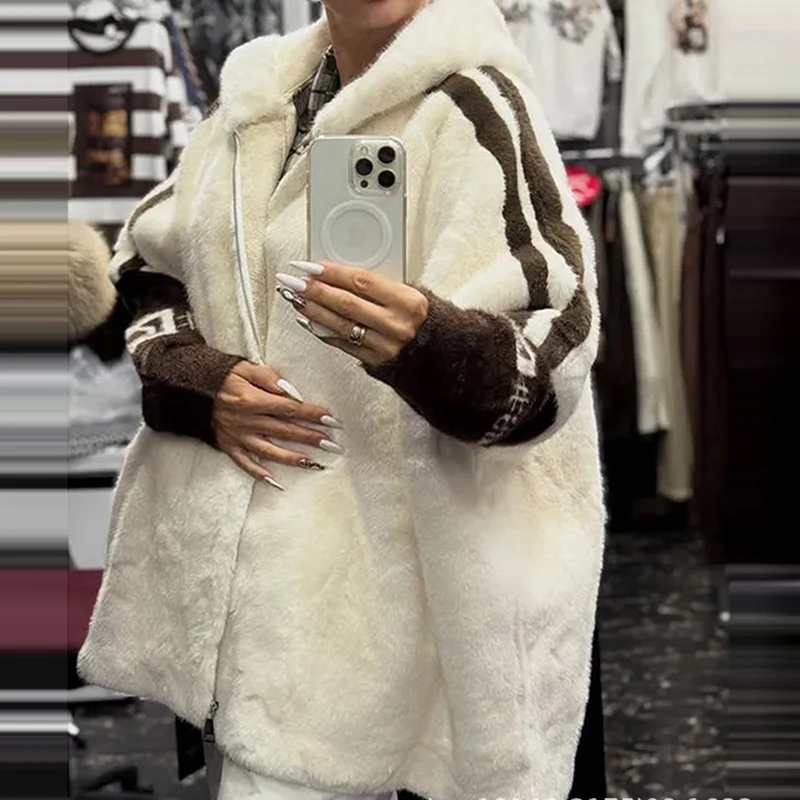 

Casual Long Sleeve Faux Fur Outerwear Winter Fashion Faux Fur Zipper Loose Jackets Autumn Women's Elegant Patchwork Hooded Coats