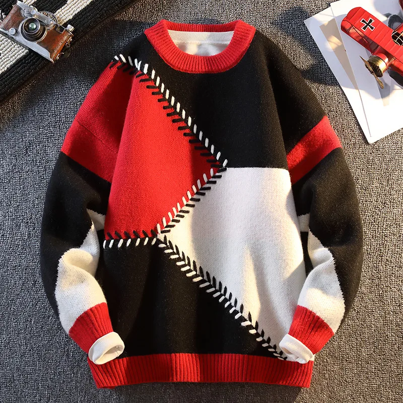 

Loose Fit Men's Knitted Sweater round Ne Pullover Autumn Faion Color Blo Base irt Casual Polyester Fiber Long Sve