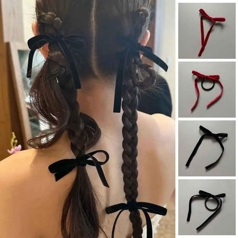 Cute Velvet Hair Ties Ballet Style Black Bow Headband Elastic Ponytail Rubber Band Girls