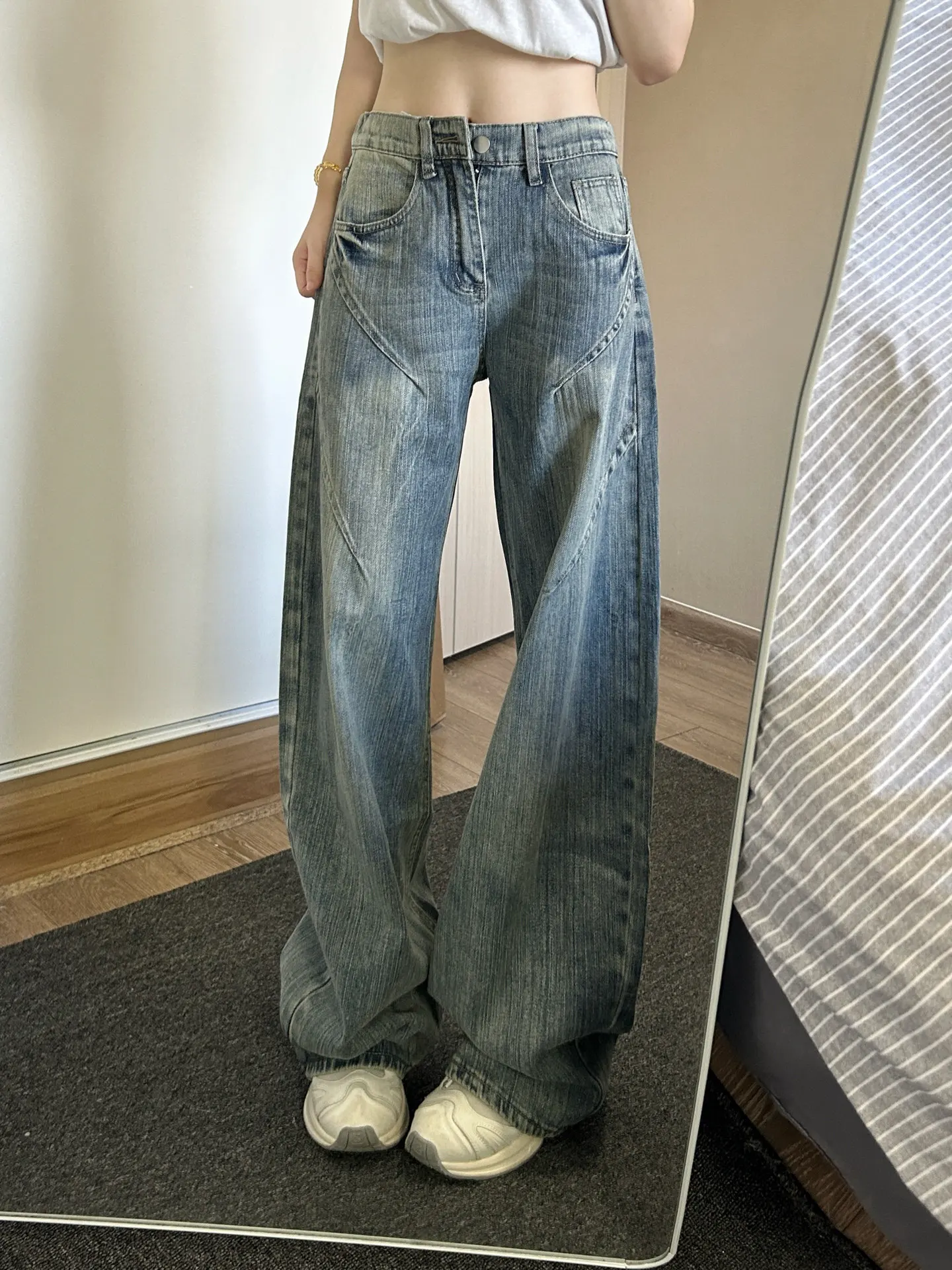 American Retro Washed Bamboo Texture Knife  Jeans Men Loose Wrinkle Wide Leg Pants CleanFit Straight Leg Jeans