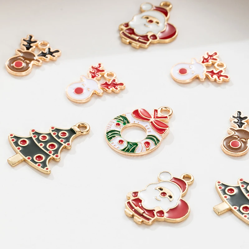 10pcs Christmas Pendant Enamel Snowman Bell Charm DIY Necklace Bracelet Accessories Xmas Gift Happy New Year Present Party Favor