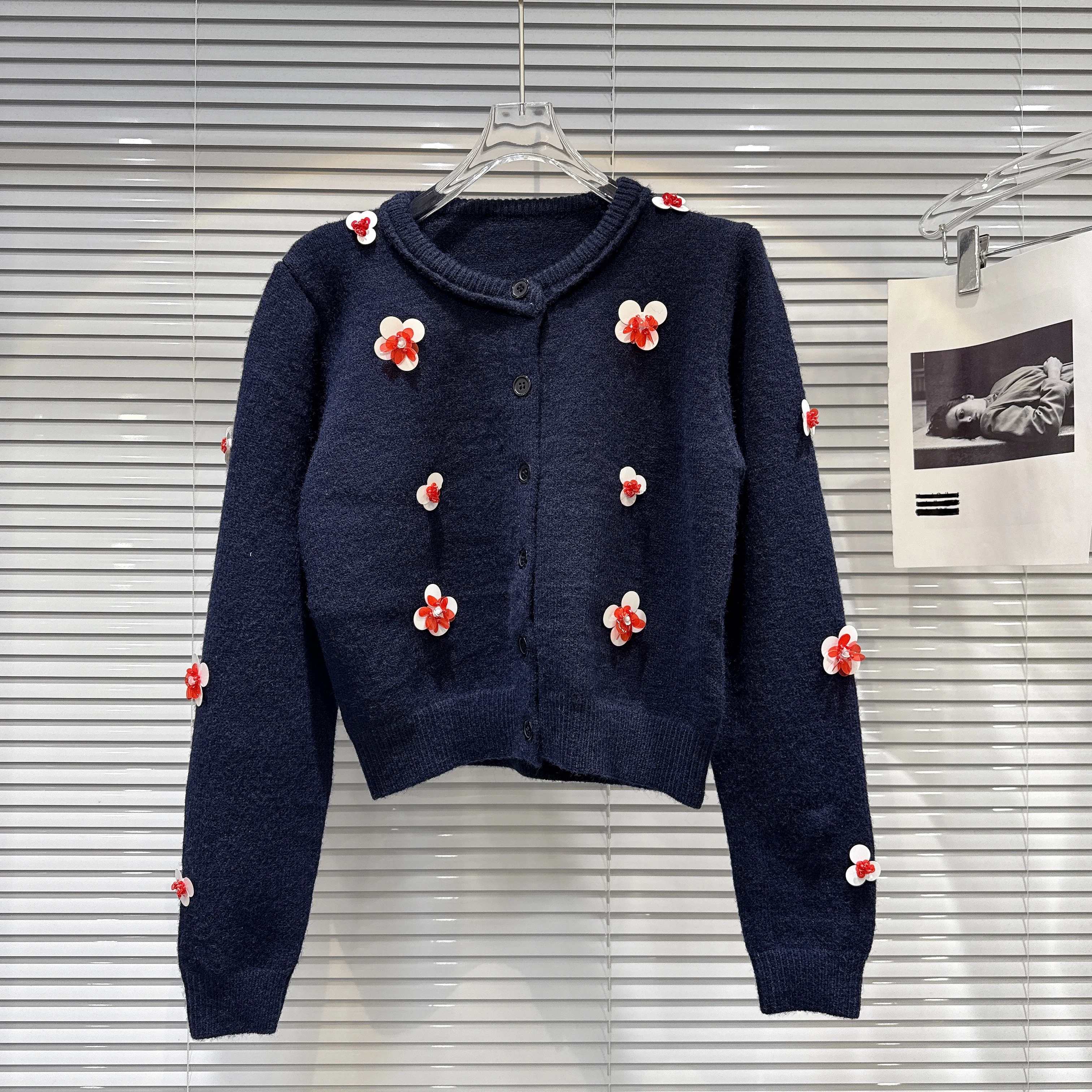 2025 Autumn New Arrival: Retro-Inspired Knit Sweater Jacket for Women with 3D Floral Embellishments & Luxe Vibe