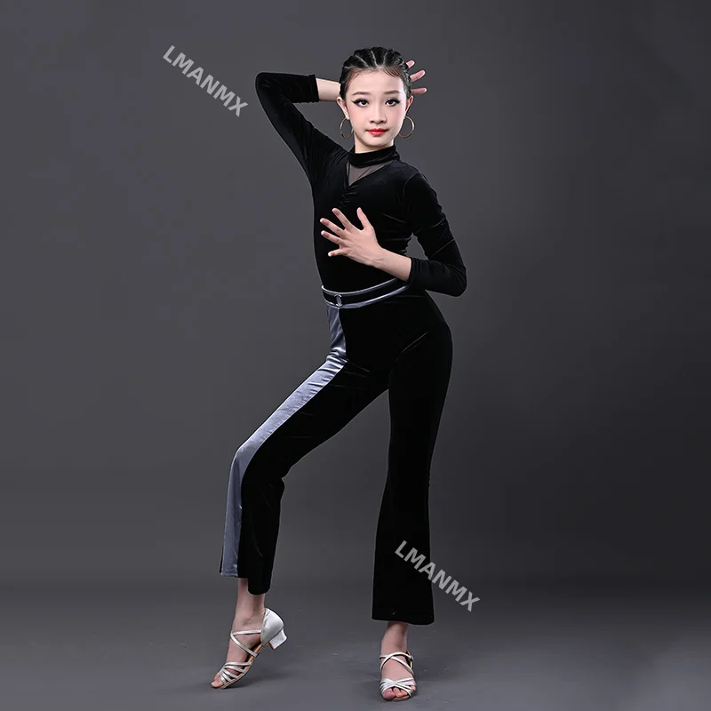 2024 novas roupas de dança latina infantil, roupas de prática de dança latina infantil, roupas latinas outono/inverno conjunto