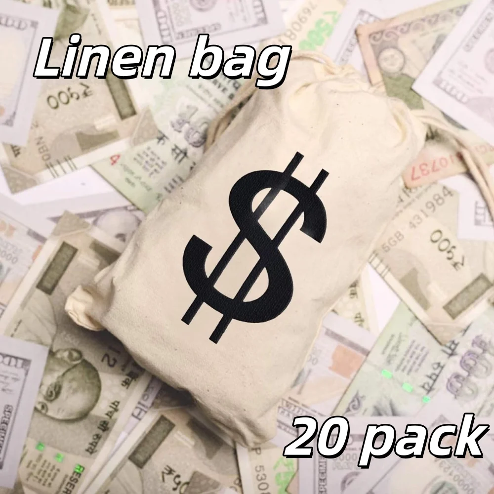 Paquete de 20 bolsas pequeñas de lino para dinero, 6,3X9 pulgadas, con cordón de signo de dólar, sacos de utilería de Halloween para fiesta de cosplay