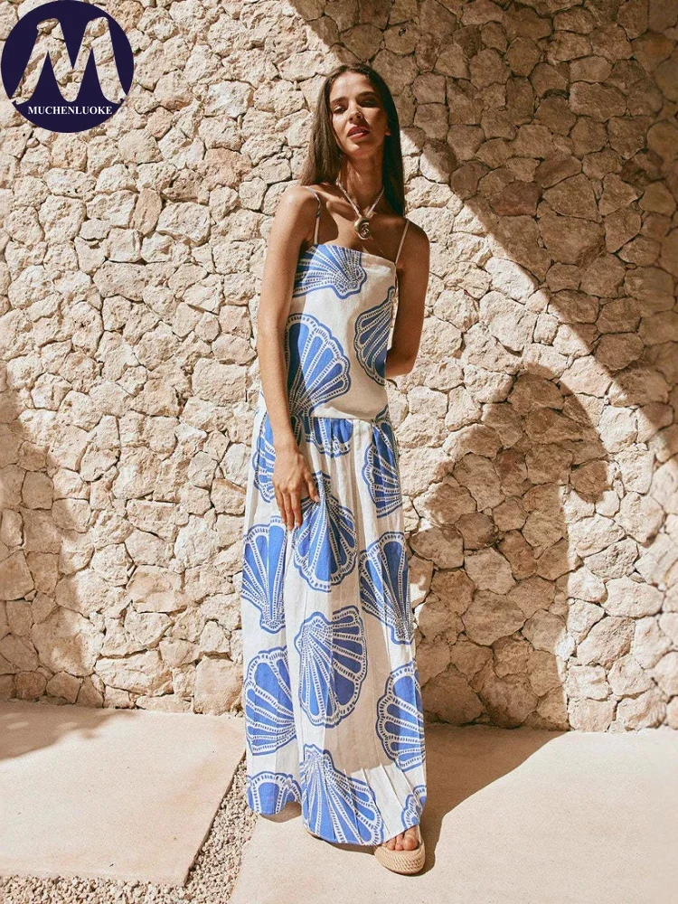 

Elegant Sleeveless Printed Summer Dress for Women Casual Tube Top Suspender Beach Vacation Fashionable Clothing