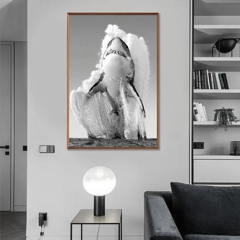 Animal Canvas Painting Black White Wall Art Shark Poster and Prints Monochrome Nature Painting Picture Home Decor Mural Unframed