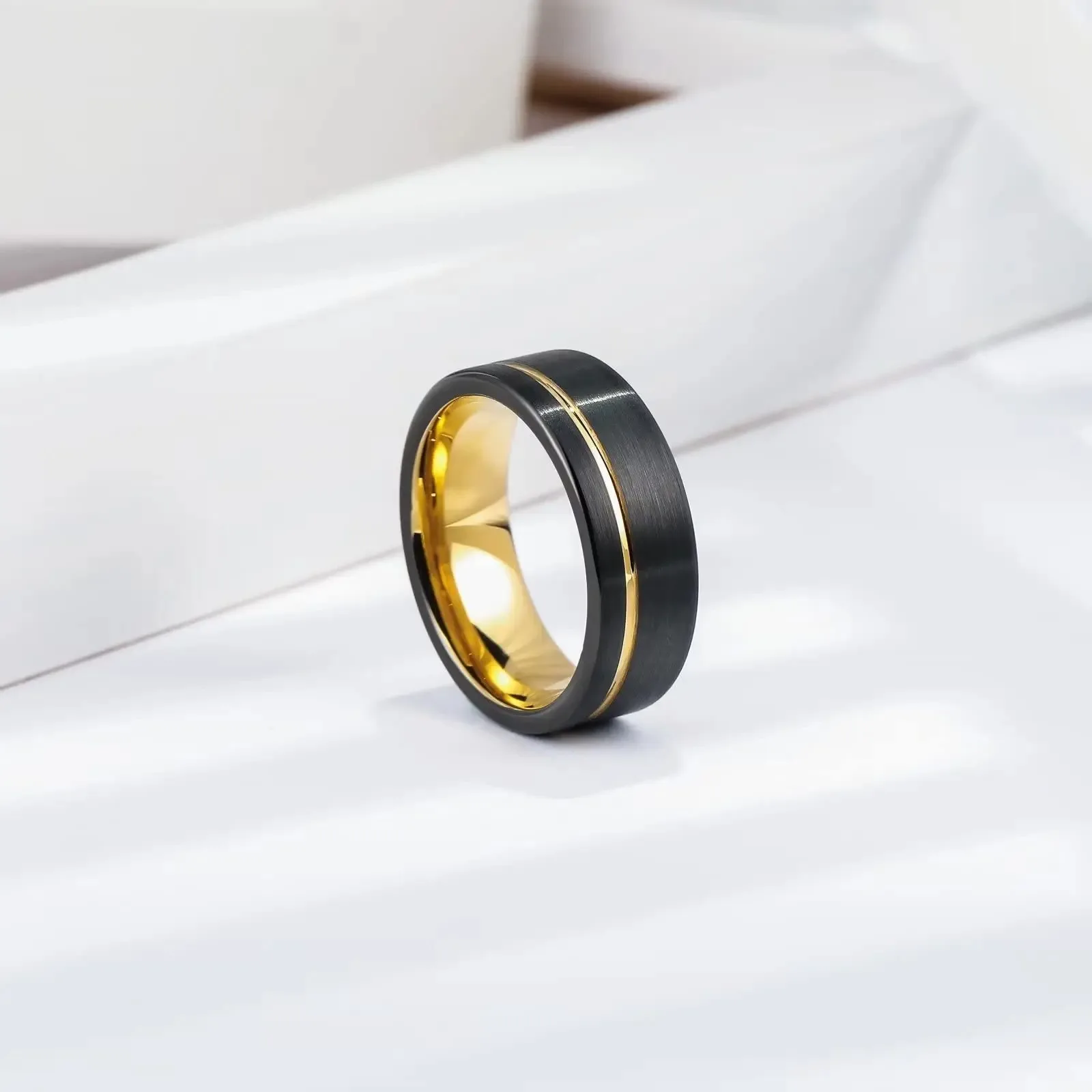 Fashion 8mm Black Brushed Titanium Stainless Steel Rings For Men Women Thin Gold Color Groove Promise Ring Wedding Party Jewelry