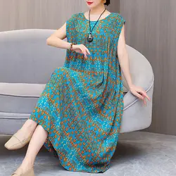 Retro Literature Art Printed Dresses Summer Sleeveless A-Line Loose Female Clothing Round Neck Stylish Folds Basic Long Dress