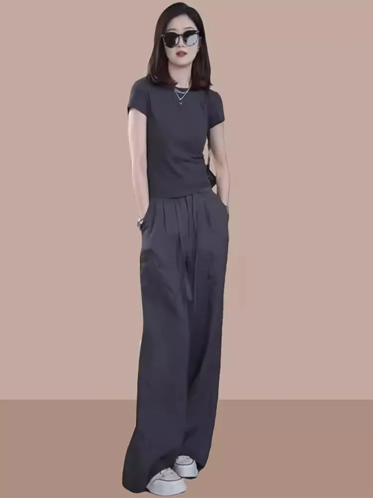 Gray Fashionable Women's Suit Set Elegant Goddess Style Complete Summer Outfit Breathable Medium Weight Long Sleeve V-Neck Ca...