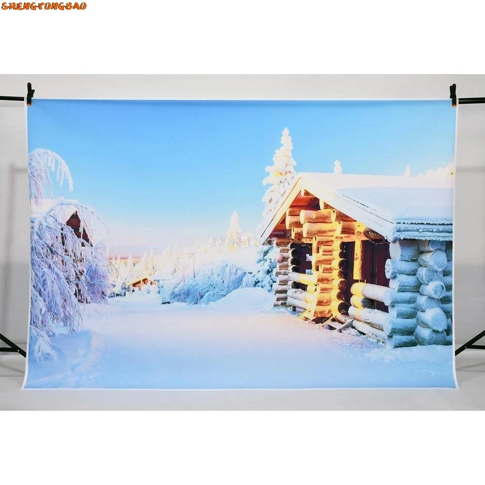 Winter Decoration Photography Backdrops Custom Snow Forest Skiing Field Trees Wooden Home Sleigh Studio Party Photo Backgrounds