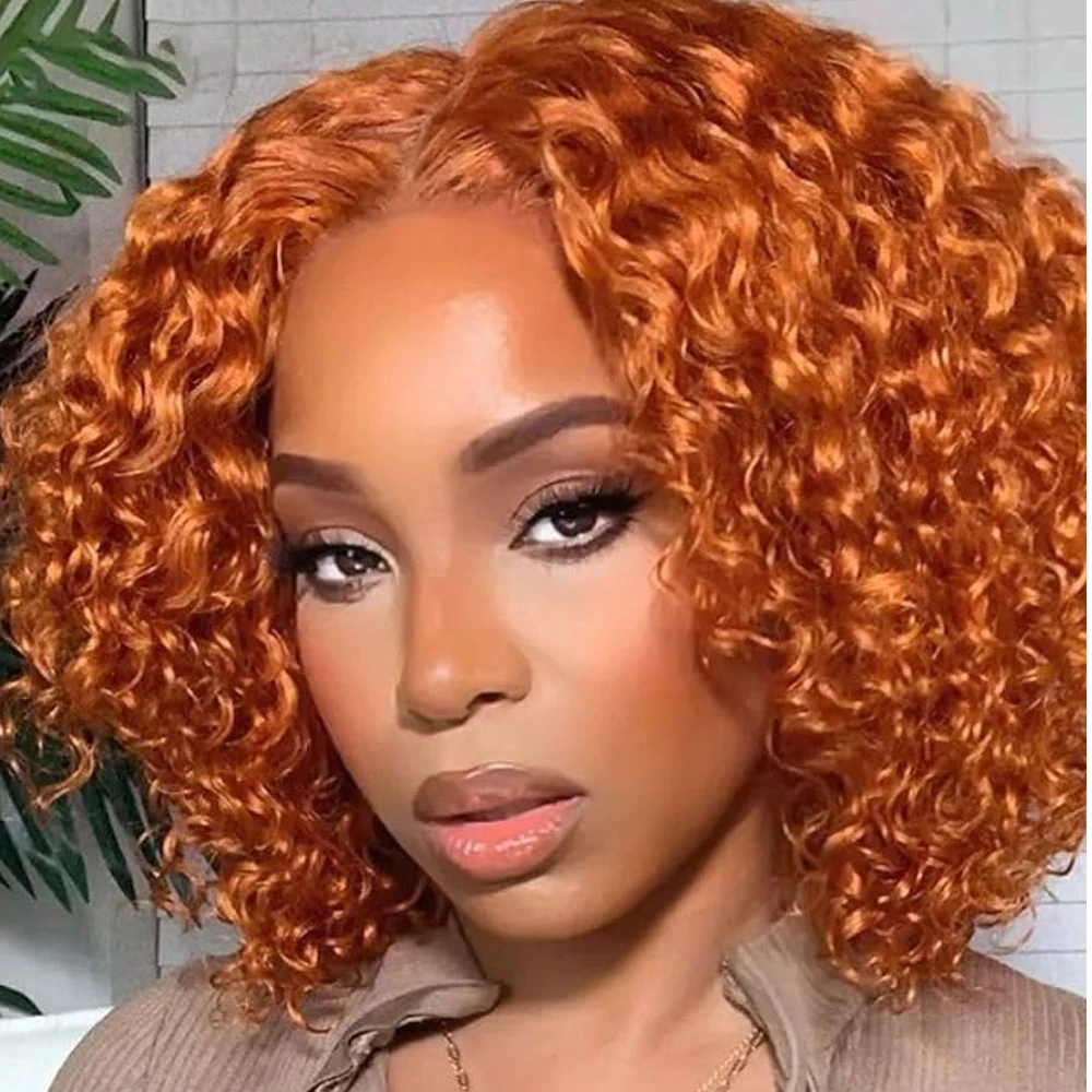 Curly Bob Wig Human Hair Brazilian Deep Wave 13x4 HD Lace Front Wigs Human Hair For Black Women Pre Plucked Orange Ginger Color #350 Transparent Lace Frontal Human Hair Wig 180%