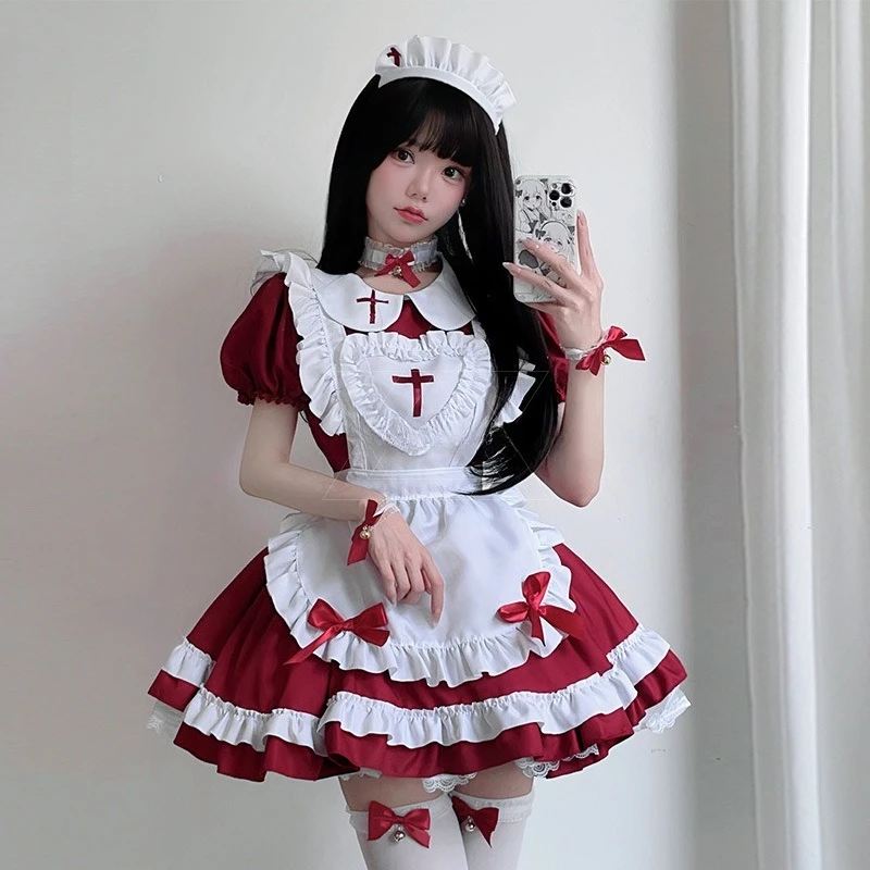 

Gothic Lolita Maid Dress Black Velvet Cross Pinafore Detachable Headwear Dark Sweetheart Anime Cosplay Gown Vampire Tea Parties