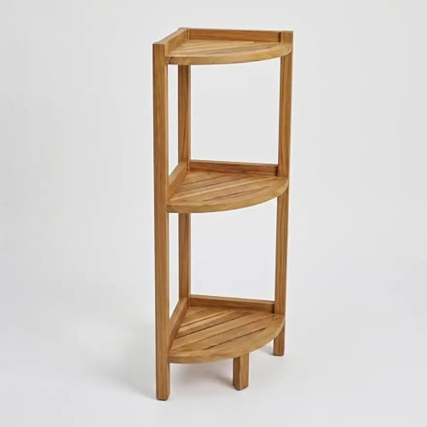 Teak 3‑Tier Freestanding Bathroom Corner Shelf, Fully‑Assembled Avila‑Style Storage Organizer, Water‑Resistant Wood Corner Rack for Bathroom Toiletries & Home Decor